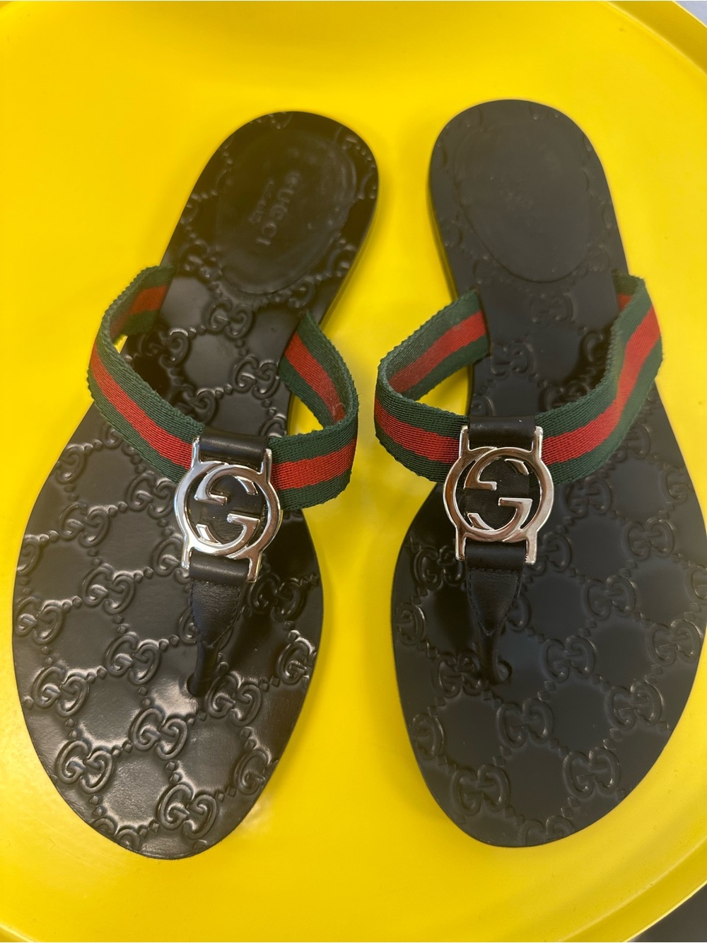 Gucci Black Sandal with Green and Red Web Straps